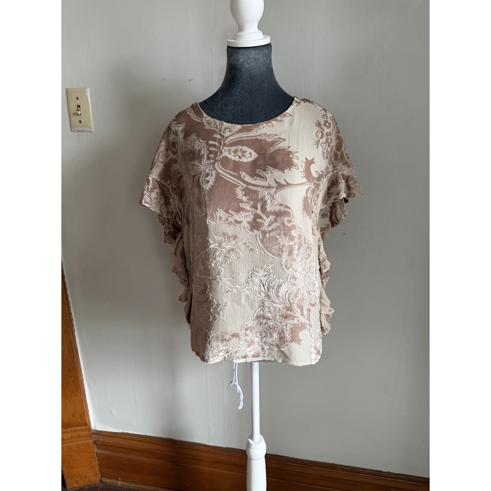 Rayon Silk Flowy Coco Brown Flutter Sleeve Top Burn Out Velvet‎ Mauve Taupe 2